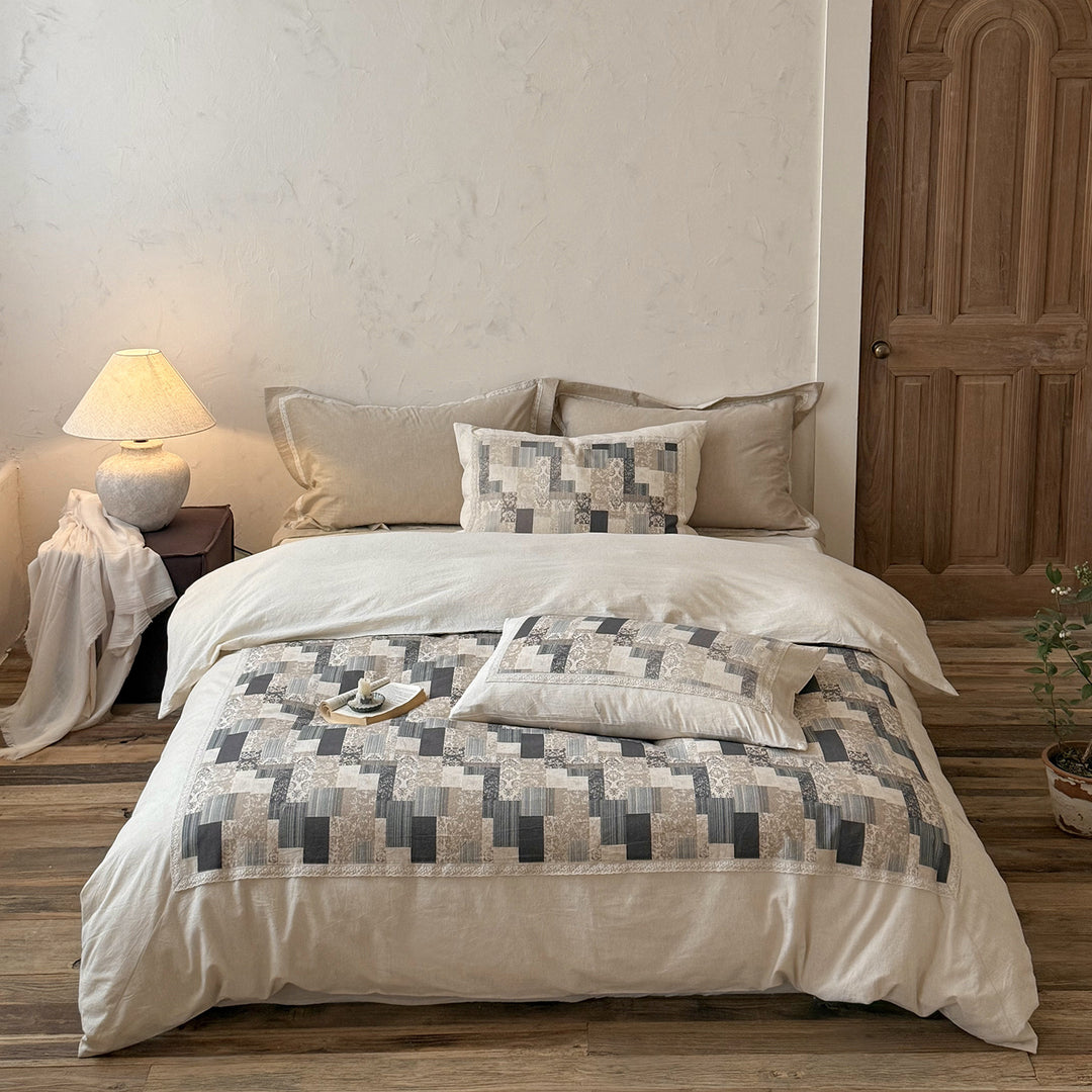 Patchwork gesteppte Bettbezugset mit Leinen-Mischung Percale Kissenbezügen