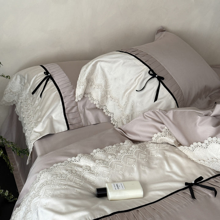 Romantic Lace-Trim Satin-Feel Duvet Cover Set with Bow-Tie Ribbon Accents