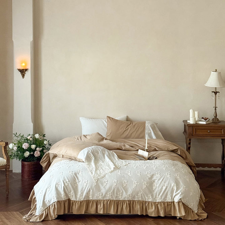 Ruffled Lace-Trim Cotton Sateen Duvet Cover Set with Skirted Base and Embroidered Overlay