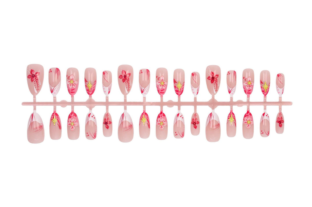 Kunstnagelset mit floralen Designs und 3D-Verzierungen Karnz