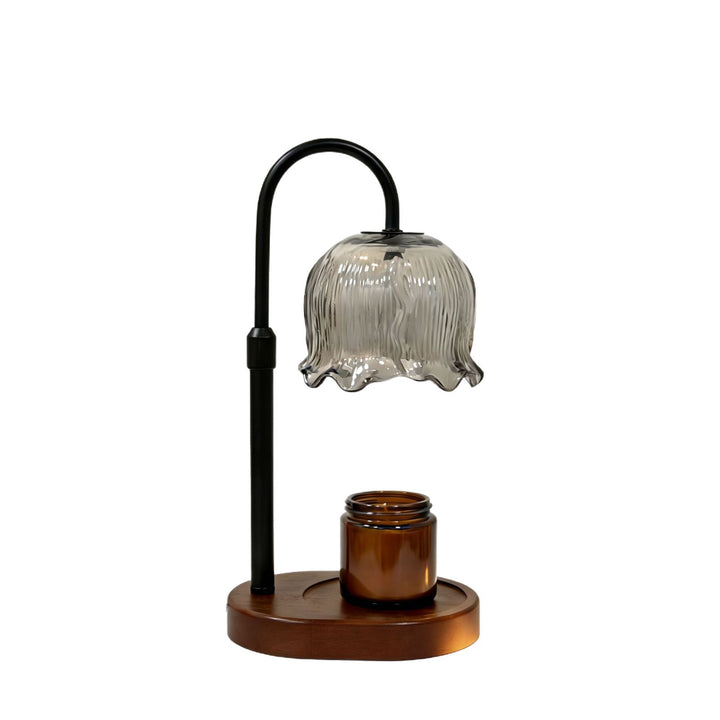 Elegante Tischlampe mit Glasschirm und Holzsockel