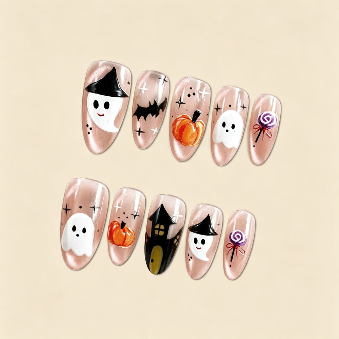 Kunstnagelset mit fröhlichem Halloween-Motiv und künstlerischen Designs Karnz
