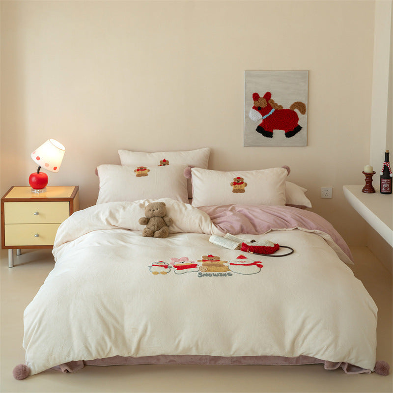 Bestickte Teddy-Plüsch Pom-Pom Bettbezug Set