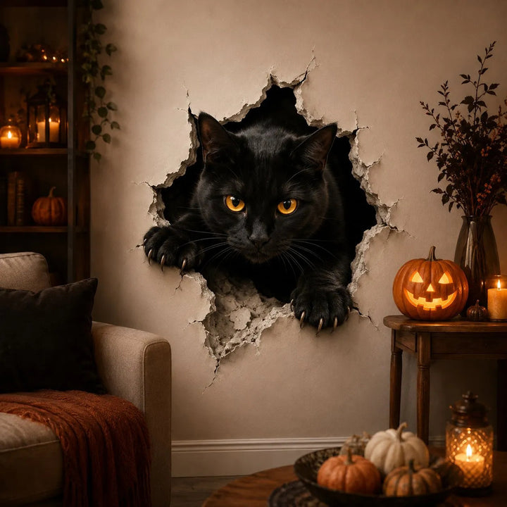 Dreidimensionaler Halloween-Wandsticker Hexe mit Loch-in-Wand-Effekt und Kürbislaterne