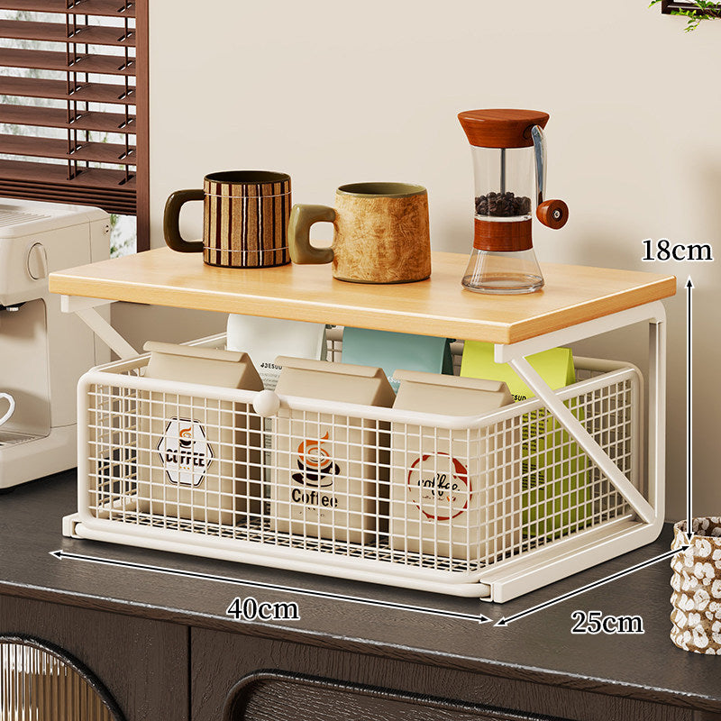 Küchenarbeitsplatte Kaffee Station Organizer mit Holzoberfläche und Metalldrahtkorb