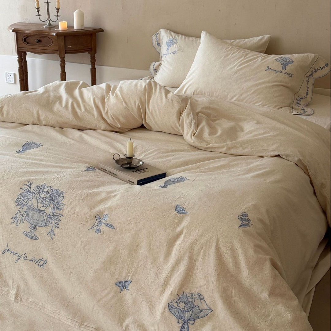 Vintage-inspirierte bestickte Baumwoll-Leinen Wellen-Duvet-Bezug-Set