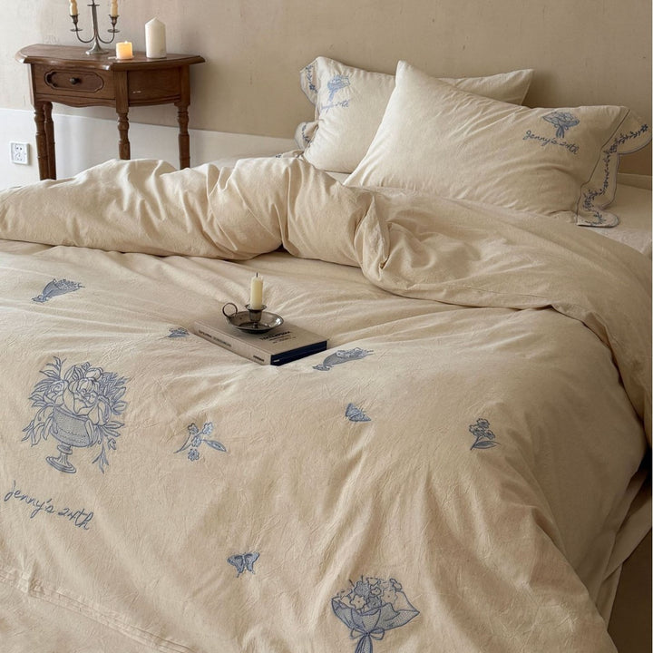 Vintage-inspirierte bestickte Baumwoll-Leinen Wellen-Duvet-Bezug-Set