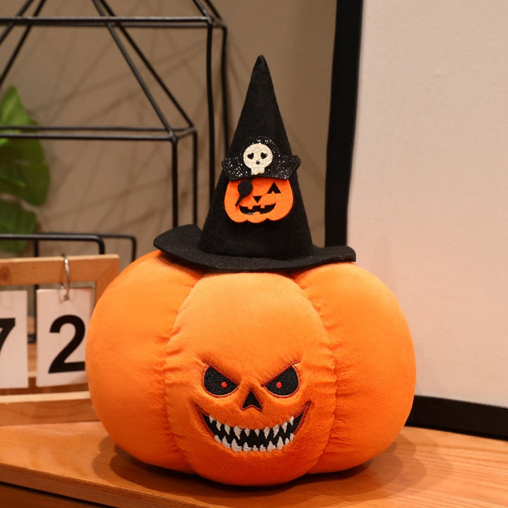 Plüsch-Kürbis Dekofigur mit Hexenhut und gesticktem Gruselgesicht