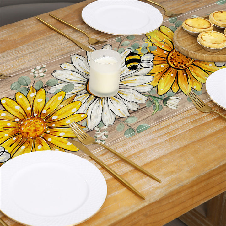 Dekorativer Baumwoll-Leinen Frühlings-Blumen Tischläufer mit rustikalem Holz-Querstück und Sonnenblumen-Druck