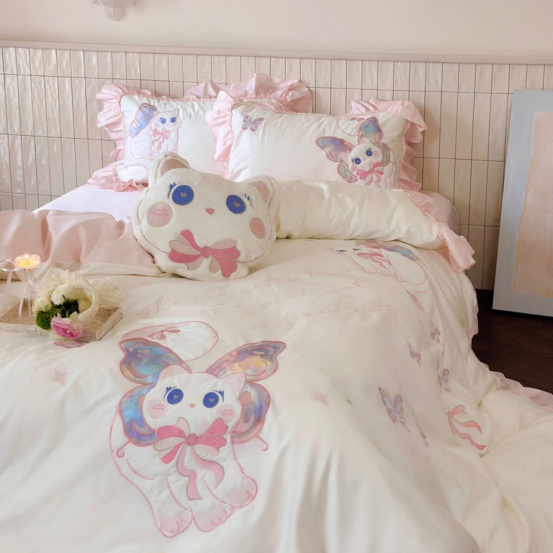 Rüschend mit Stickerei Baumwollsatin Bettwäsche Set mit dekorativem Katzenmotiv & Kissenbezügen