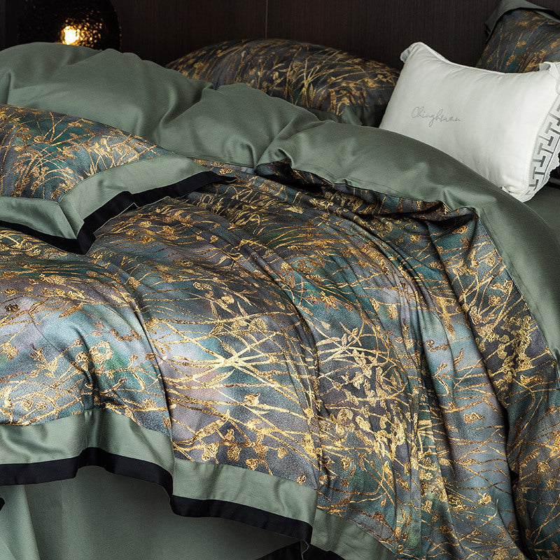 Luxuriöse Bettwäsche-Garnitur aus Baumwollsatin mit filigranem Gräser-Print und satiniertem Saum