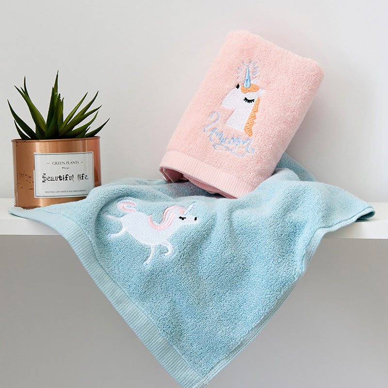 Embroidered Cotton Bath Towel with Unicorn Motif