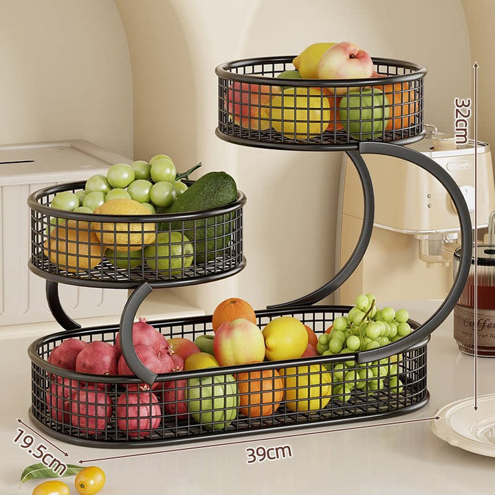 Mehrere Ebenen Spiralförmiger Metall Obst- und Gemüse Lagerstand mit Netz Körben und Taschentuch Box Regal