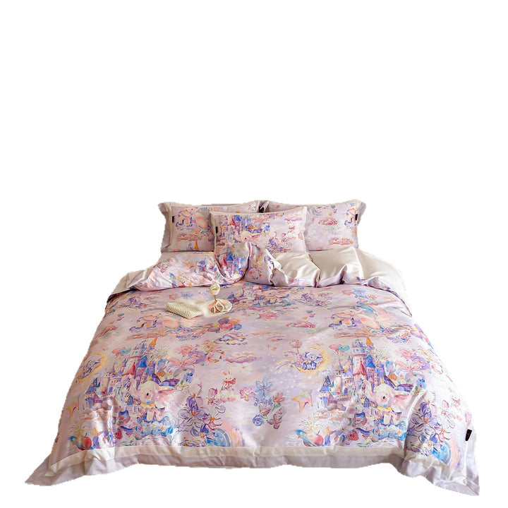 Luxuriöses Satin-Bettwäsche-Set mit märchenhaftem Aquarellprint und dekorativen Kissenbezügen