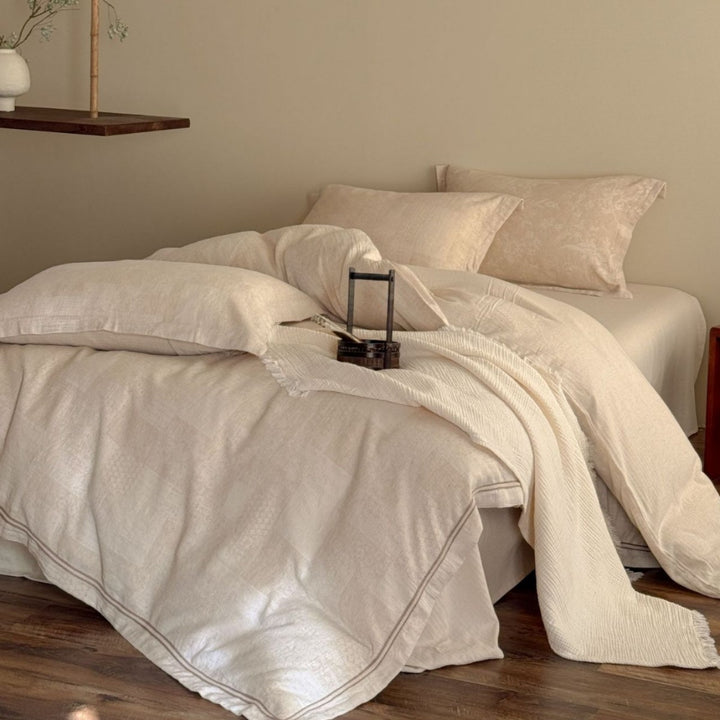 Washed French-Linen Feel Patchwork Duvet Cover Set with Subtle Jacquard Texture and Envelope Closure