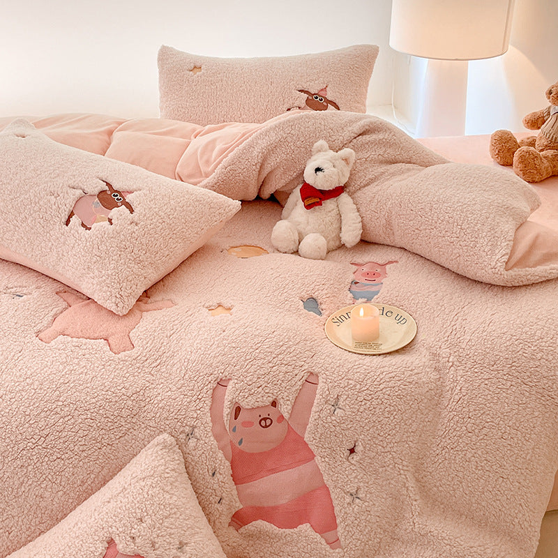 Sherpa Plush Cartoon Embroidered Duvet Bedding Set