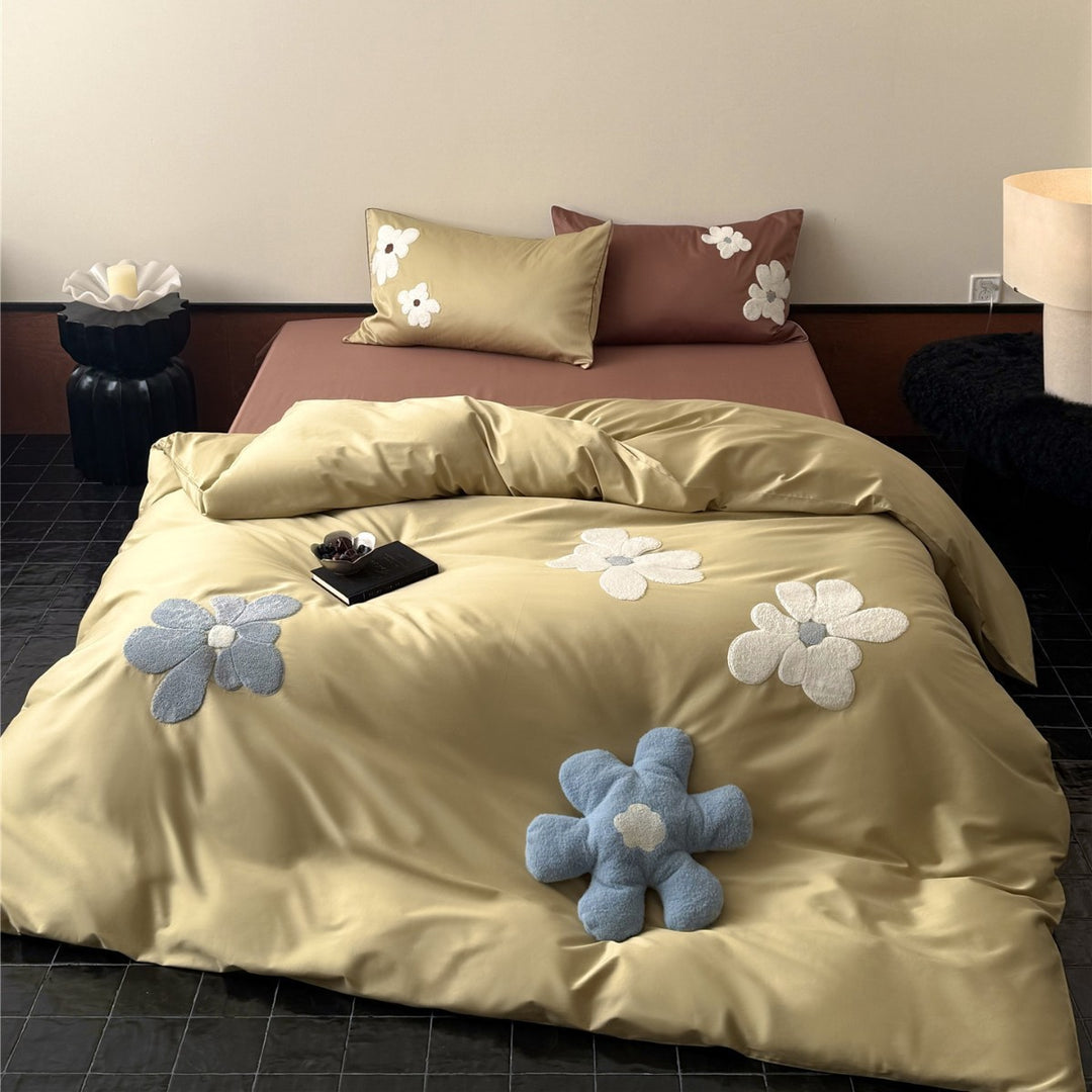 Floral Appliqué Satin-Feel Bettbezug Set mit Chenille Blumenakzenten