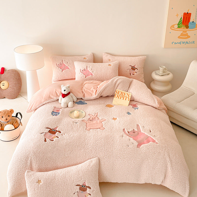 Sherpa Plush Cartoon Embroidered Duvet Bedding Set