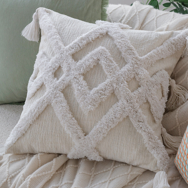 Quadratischer Kissenbezug im Boho‑Stil mit 3D‑Tufting, Quasten und weicher Baumwollstruktur Karnz