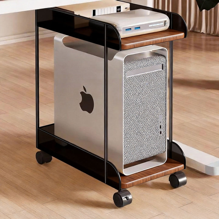 Mobiler Desktop-CPU-Turmständer mit Mesh-Seitenwänden, Holzsockel und arretierbaren Rollen
