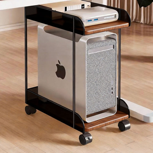 Mobiler Desktop-CPU-Turmständer mit Mesh-Seitenwänden, Holzsockel und arretierbaren Rollen