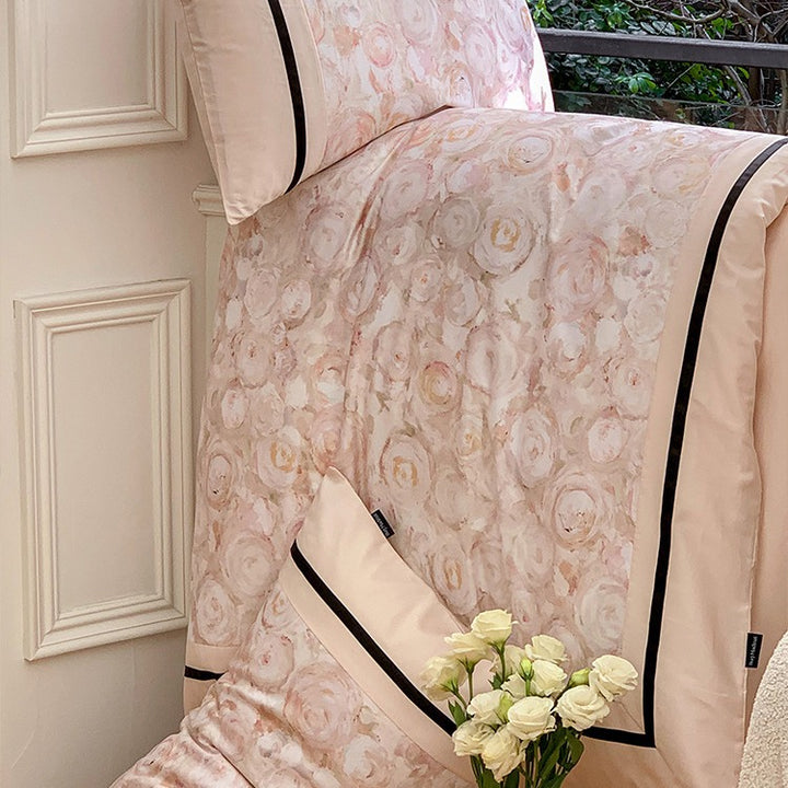 Luxus Baumwoll-Satin Blumen Bettdeckenbezug Set mit Aquarell Blumenmotiven, kontrastierendem Kastenrand & versteckten Eckenbindern