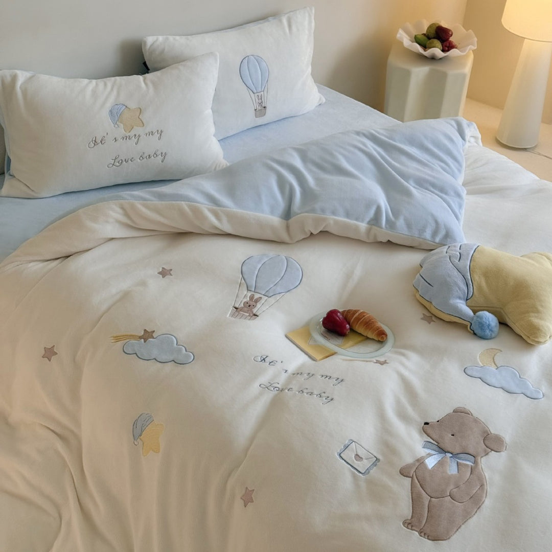 Kinder-Bettwäsche-Set aus Baumwolle mit applizierten Heißluftballon- und Teddybär-Motiven Karnz