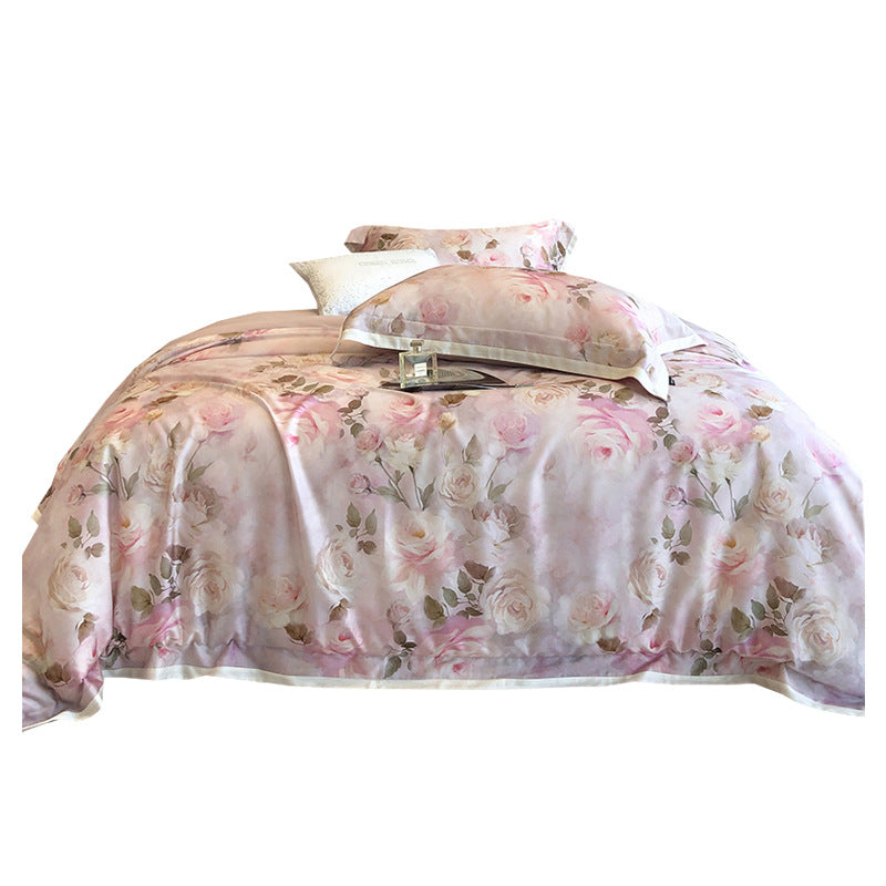 Luxuriöses Baumwollsatin-Bettwäsche-Set mit Aquarell-Rosenmuster und Satin-Bordüre