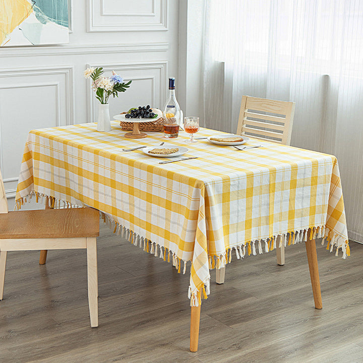 Rechteckige Leinenoptik-Tischdecke im Karomuster mit Fransenbordüre
