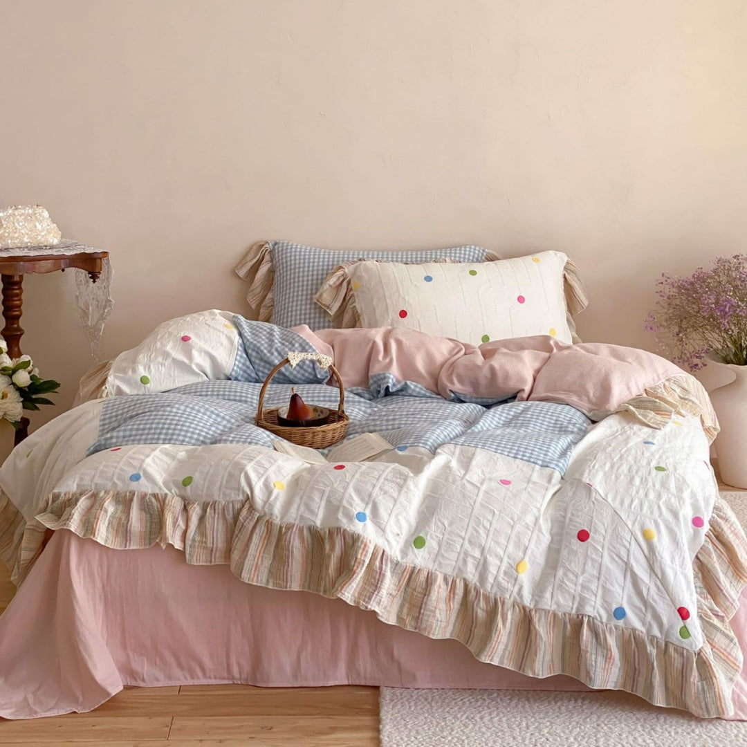 Rüsch Patchwork Pünktchen Baumwolle Bettbezug Set mit Gingham Einsatz und Kissenbezügen