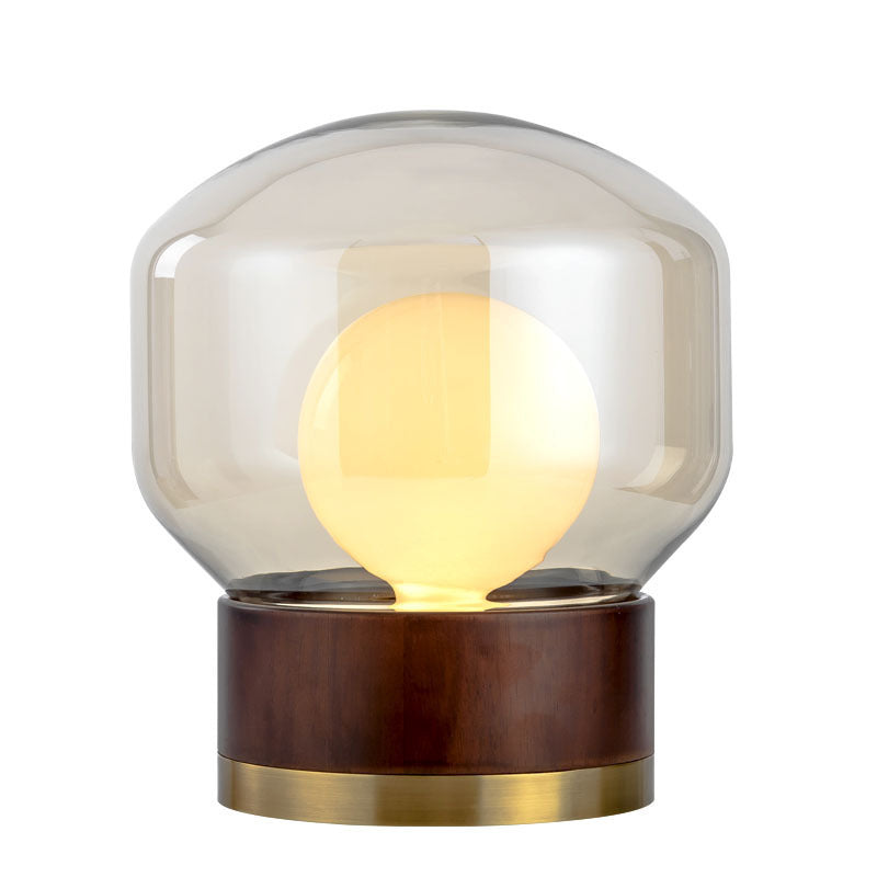 Moderne Glas Tischlampe mit Holzfuß und goldenen Akzenten