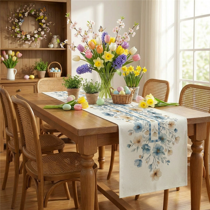 Dekorativer Leinenmischstoff-Tischläufer mit Aquarellblumen-Cascade und geometrischer Bordüre