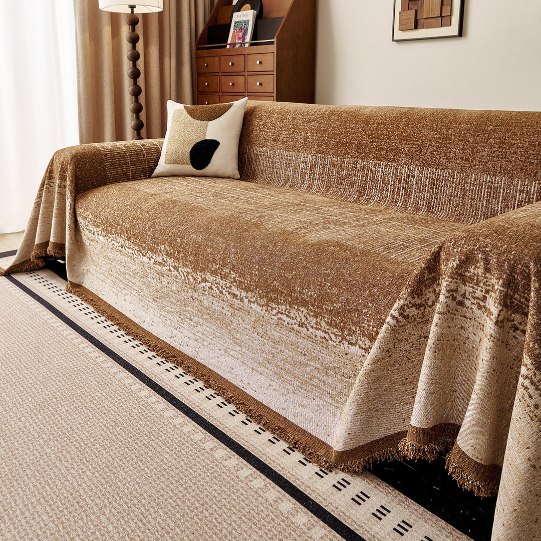 Reversible Woven Couch Throw Slipcover with Fringed Hem