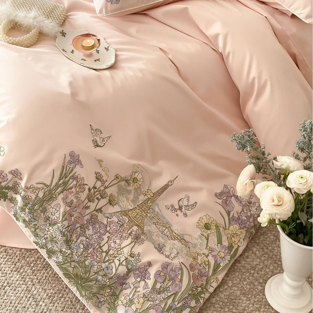 Luxuriöser Satin bestickter Bettbezug Set mit floralem Pariser Motiv