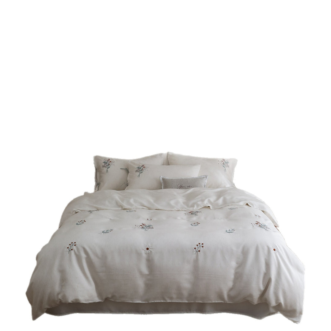 Washed Linen-Cotton Botanical Embroidered Duvet Cover Set with Tied Corner Shams