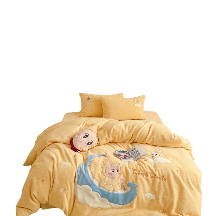 Plush Microfiber Embroidered Baby Moon Duvet Cover Set with Appliqué Pillow Shams
