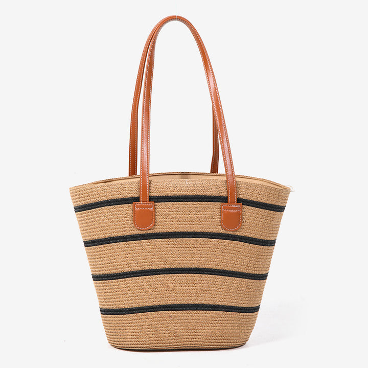 Damen elegante Strohtasche mit stilvollen Ledergriffen Karnz