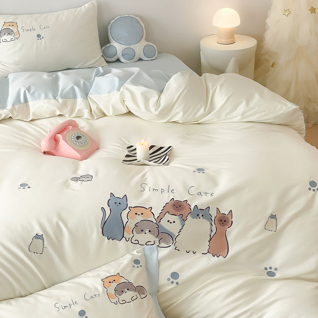 Baumwollsatin Bettbezug Set mit süßem Cartoon-Katzen Druck und passenden Kissenbezügen