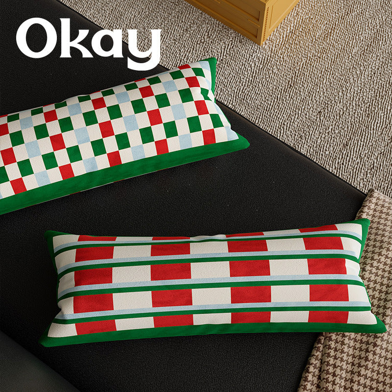 Long Lumbar Velvet Pillow Cover with Checkerboard Textured Panel and Hidden Zipper
