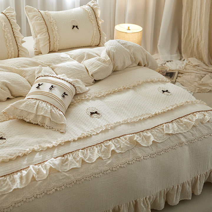 Vintage Rüschenspitze-Besatz Baumwolle Bettdeckenbezug Set mit dekorativem Bolster und Kissenbezügen
