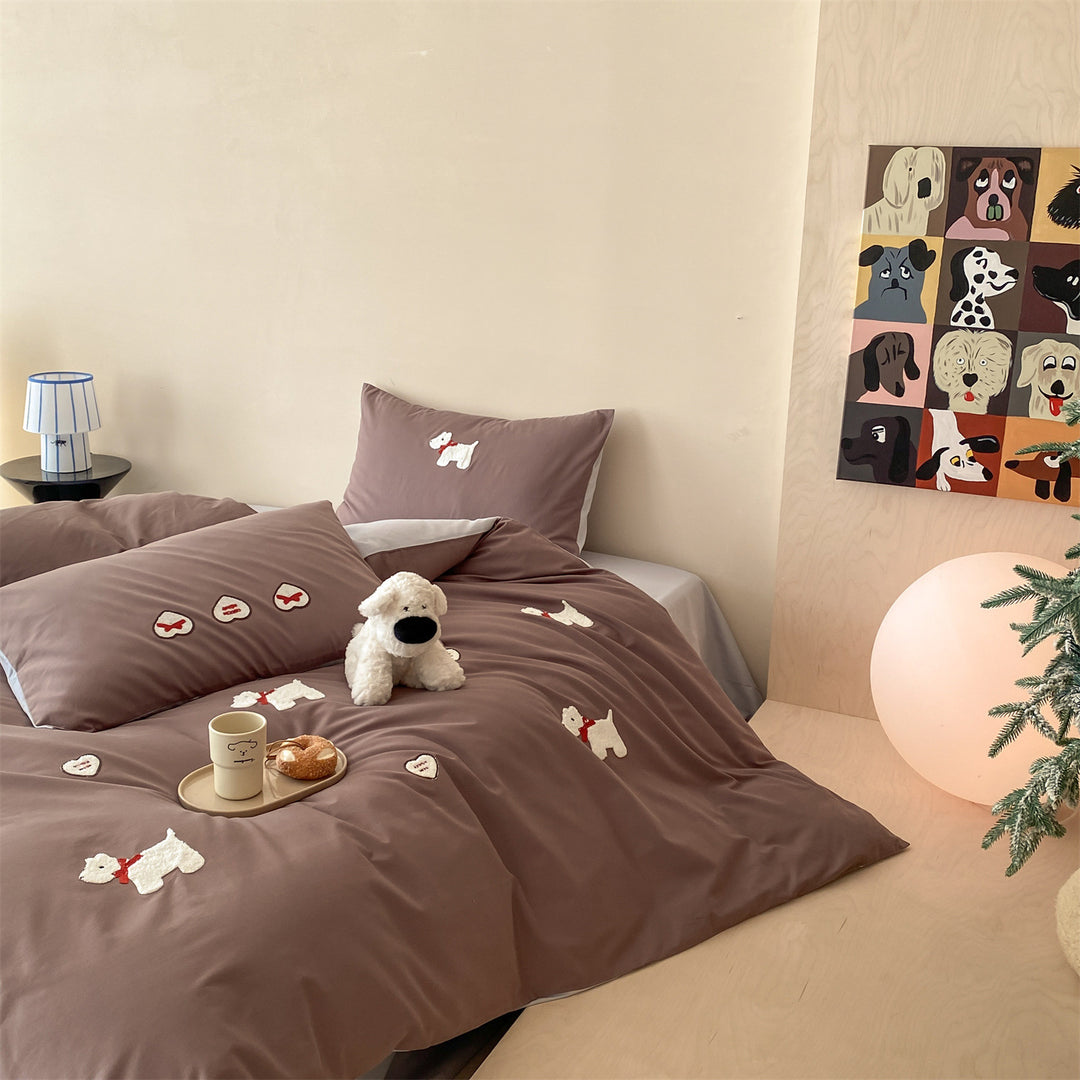 Bestickte Baumwollsatin Bettbezug Set mit Terrier Applikation
