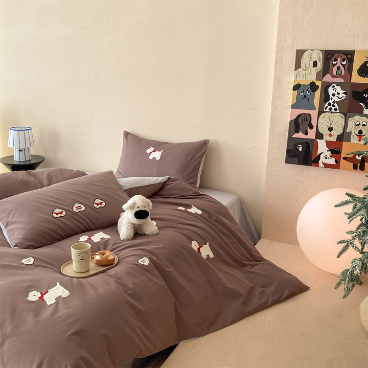 Bestickte Baumwollsatin Bettbezug Set mit Terrier Applikation