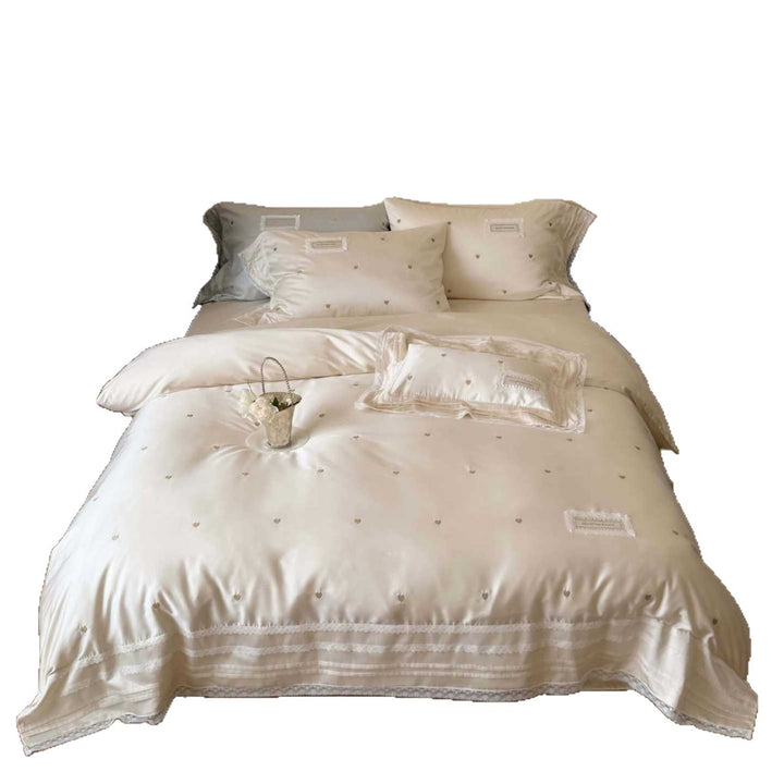 Luxuriös gesticktes Satin-Bettbezug-Set mit Spitze
