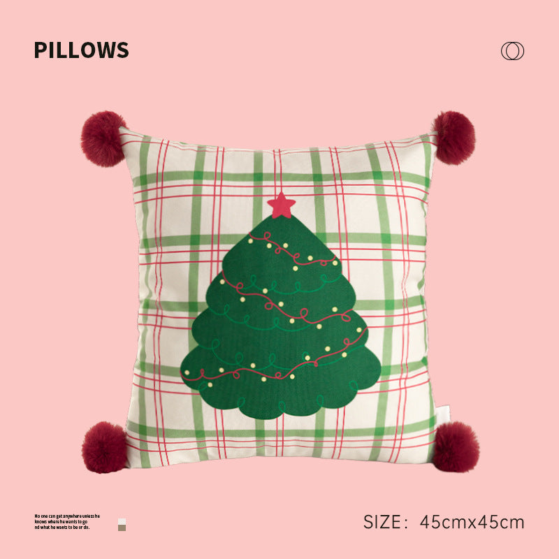 Quadratisches Weihnachts-Dekokissen mit Bommel-Ecken und bedrucktem Hunde-Motiv