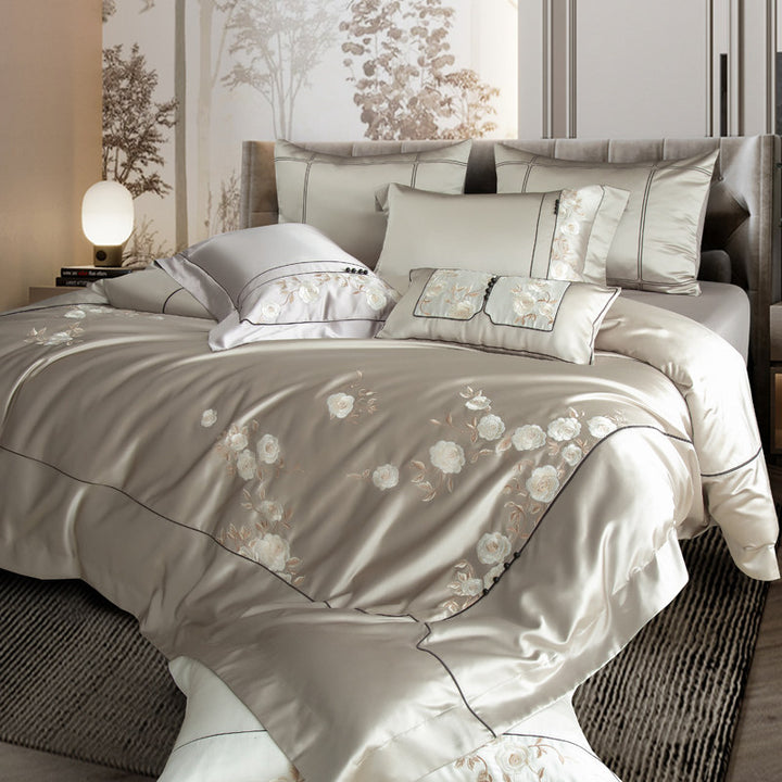 Luxus Satin-Look Floral Bestickte Bettbezug-Set mit verstecktem Reißverschluss & Oxford Kissenbezügen