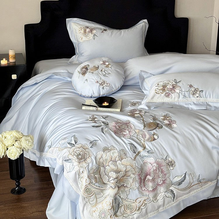 Bestickte florale & Liedvogel Luxus Baumwolle Bettbezug Set mit dekorativem runden Kissen