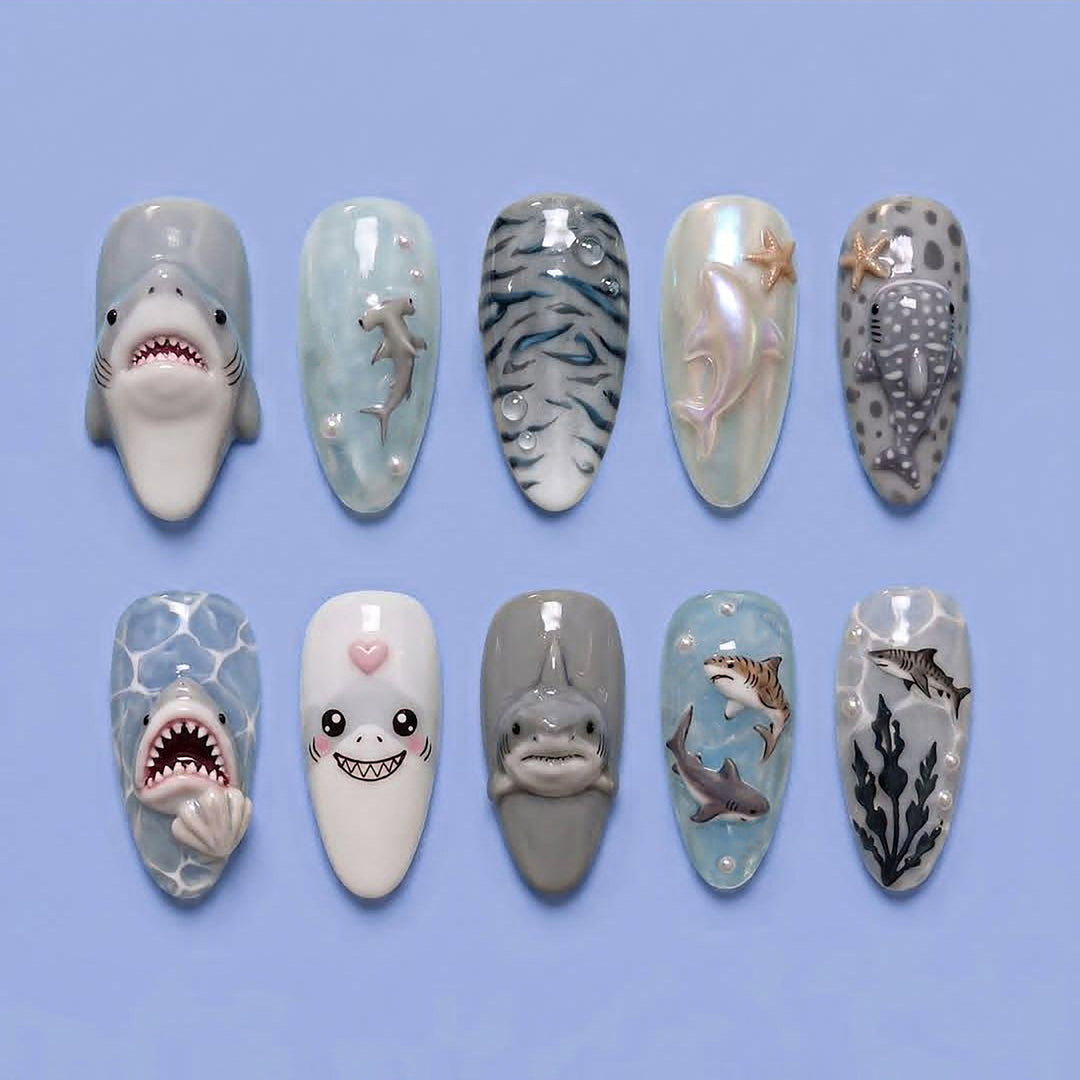 Verspielt Haifisch-Themen Druck-Nagelkunst Set