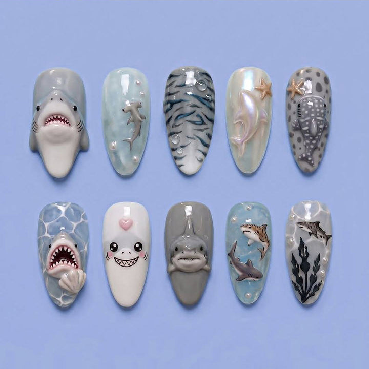 Verspielt Haifisch-Themen Druck-Nagelkunst Set