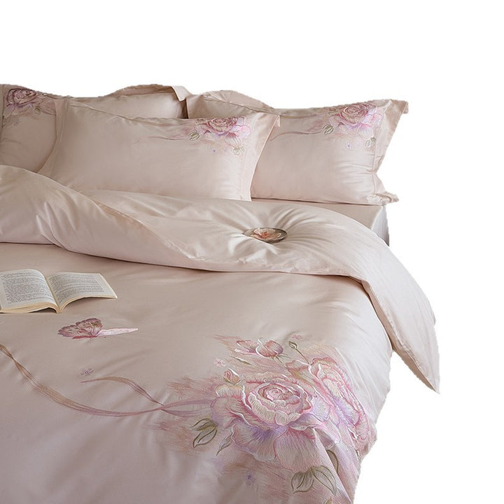 Luxuriöses Satin-Bettwäsche-Set mit floraler Stickerei