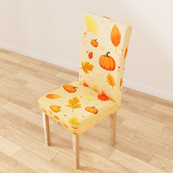 Stretch-Stuhlhusse mit herbstlichem Kürbis- und Blättermotiv